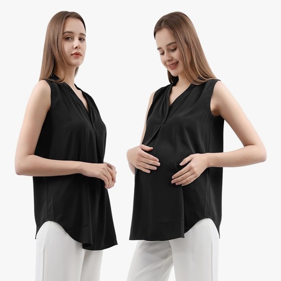Tops - Black Maternity Sleeveless Top with Belt